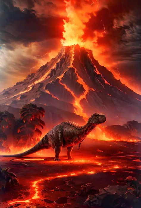 (8K, Highest quality, high resolution, Super detailed), Ancient volcanoes, Major eruptions, Triceratops on the ground,  theeleme...