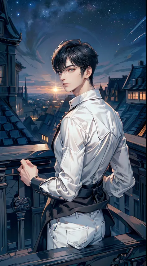 ((4K works))、​masterpiece、(top-quality)、One Beautiful Boy、Slim body、tall、((Black Y-shirt and white pants、Charming street style))、(Detailed beautiful eyes)、Stylish English Black Balcony、Castle inhabited by villains、Black shop window、Balcony at night、((Starr...