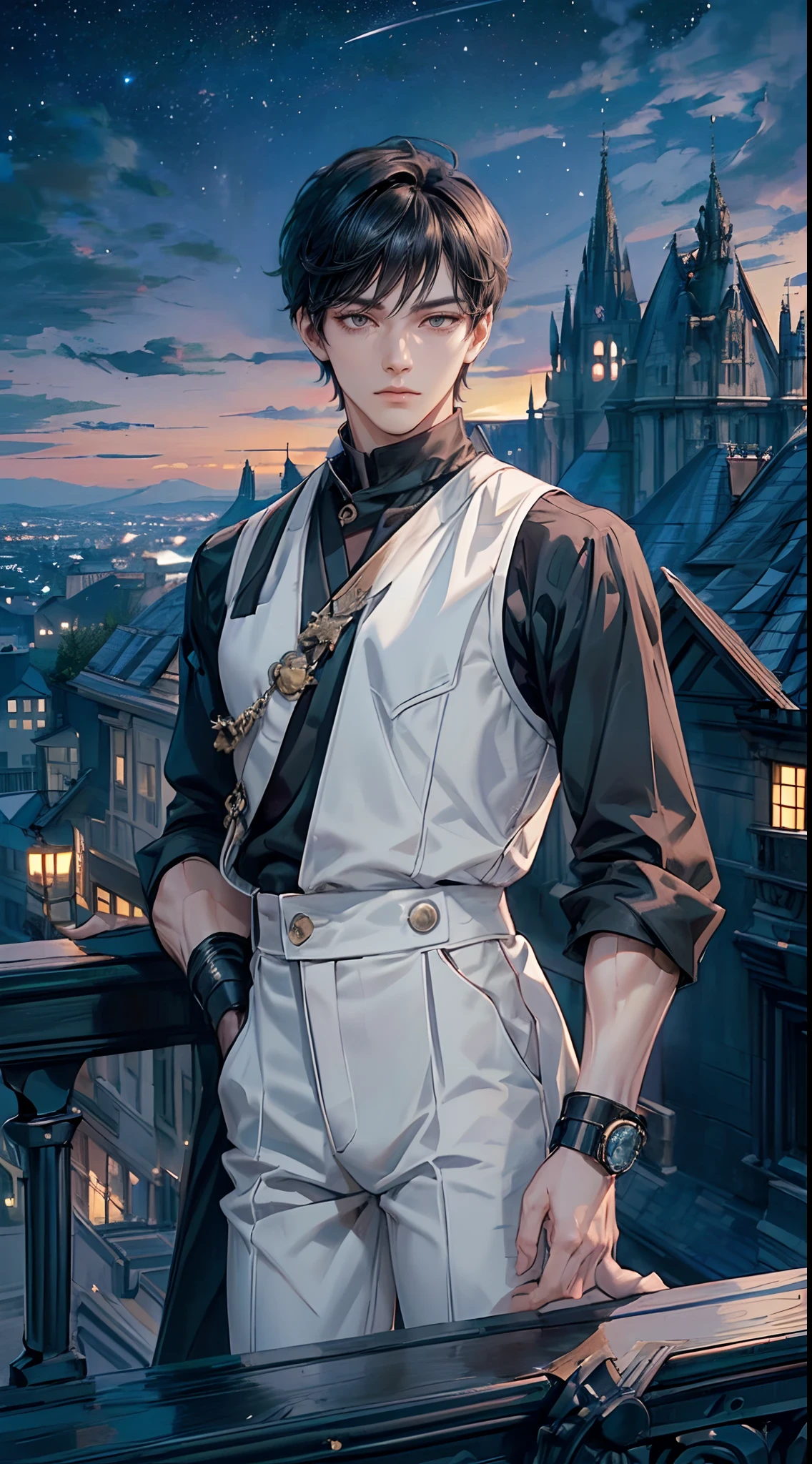 ((4K works))、​masterpiece、(top-quality)、One Beautiful Boy、Slim body、tall、((Black Y-shirt and white pants、Charming street style))、(Detailed beautiful eyes)、Stylish English Black Balcony、Castle inhabited by villains、Black shop window、Balcony at night、((Starry sky in the background))、((dark sky))、((Stylish cityscape))、((Shot on a stylish veranda))、mid night、((Short-haired black hair))、((Smaller face))、((Neutral face))、((White eyes))、((American adult male))、((Adult male 26 years old))、((Cool Men))、((Like a celebrity))、((Gentle look))、((Korean Makeup))、((elongated and sharp eyes))、((Happy dating))、((boyish))、((Upper body photography))、Professional Photos、((Shot alone))、((shot from back))、((Shot so that the back of the head is visible))、((Shot in close proximity to him))、((Focus zoom in))、((He is watching the sunset))、((He is standing on the balcony))