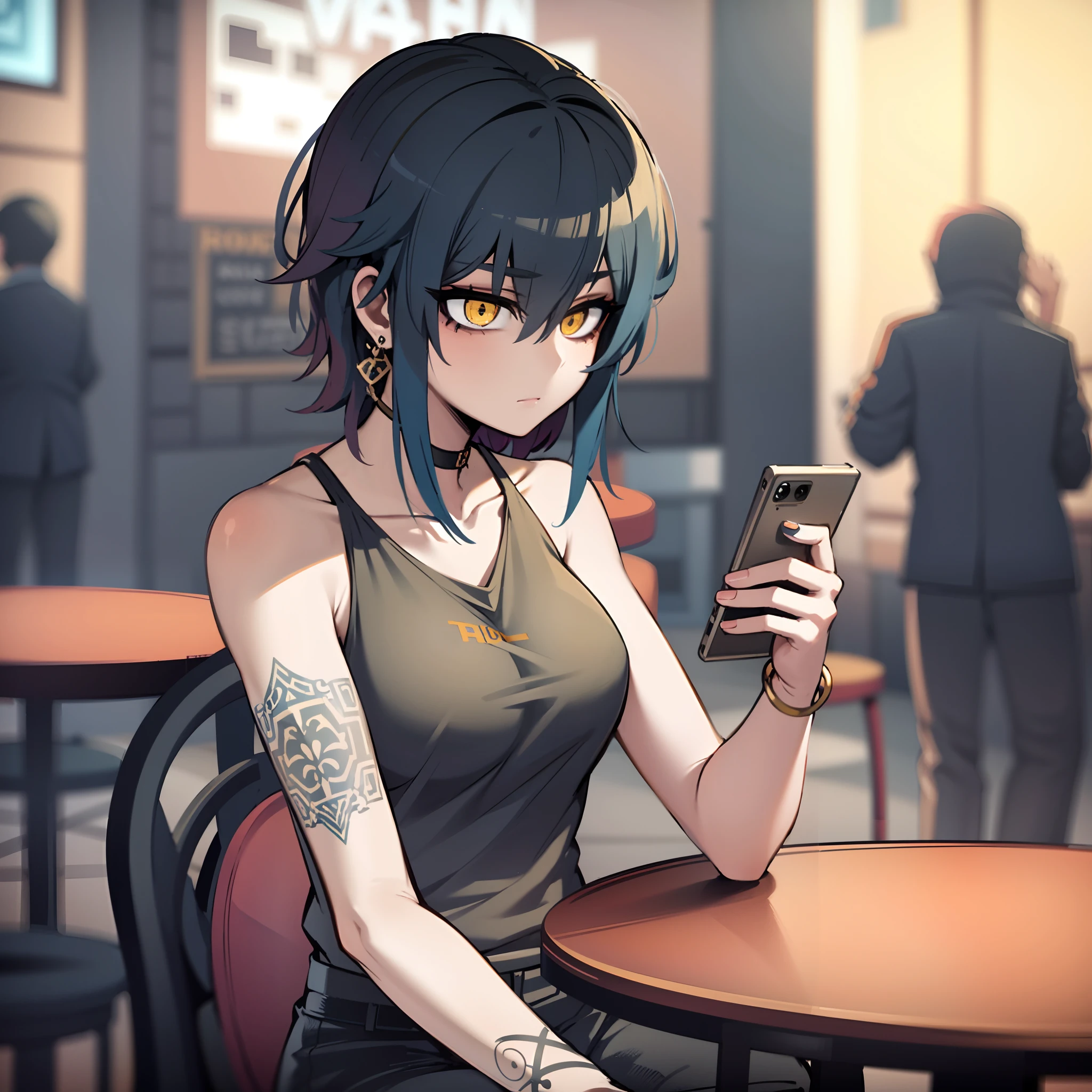 young girl, blue hair, tattoed arm, black shirt, yellow eyes, 4k, emo artstyle, holding a cellphone, in a coffee shop,