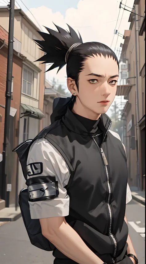 masterpiece, 1boy, superb style, streetwear chothes, outdoor, upper body, shikamaru nara, bright eyes, black hair, cool boy