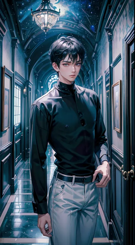 ((4K works))、​masterpiece、(top-quality)、One Beautiful Boy、Slim body、tall、((Black Y-shirt and white pants、Charming street style))、(Detailed beautiful eyes)、In the English corridor、Castle inhabited by villains、Black shop window、Corridor at night、((You can se...