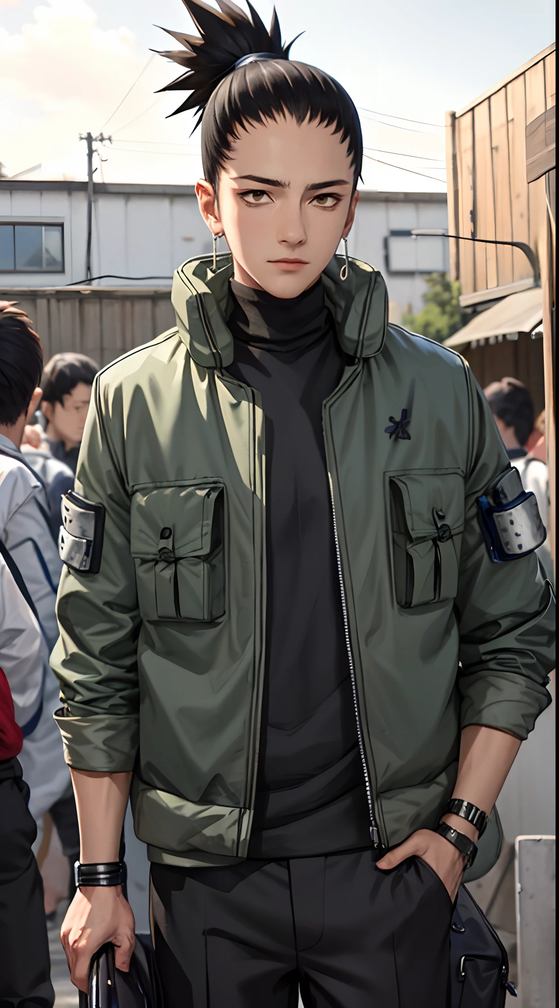 chef-d&#39;œuvre, 1garçon, Style superbe, Vêtements streetwear, Extérieur, Haut du corps, Shikamaru Nara, yeux pétillants, cheveux noirs, Garçon sympa