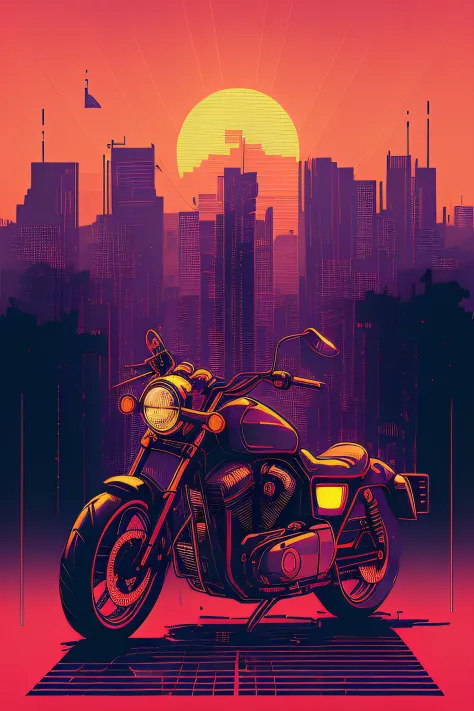 (nvinkpunk:1.2) snthwve style motorcyle, lightwave, sunset, intricate, highly detailed