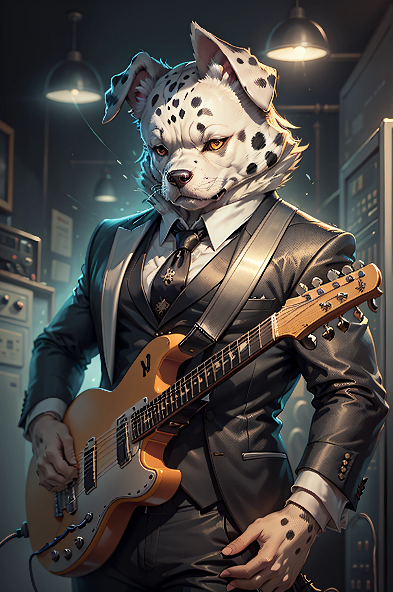 (黒いスーツとネクタイを着た男性)エレキギターを弾く漫画、擬人化された垂れ耳のダルメシアン犬