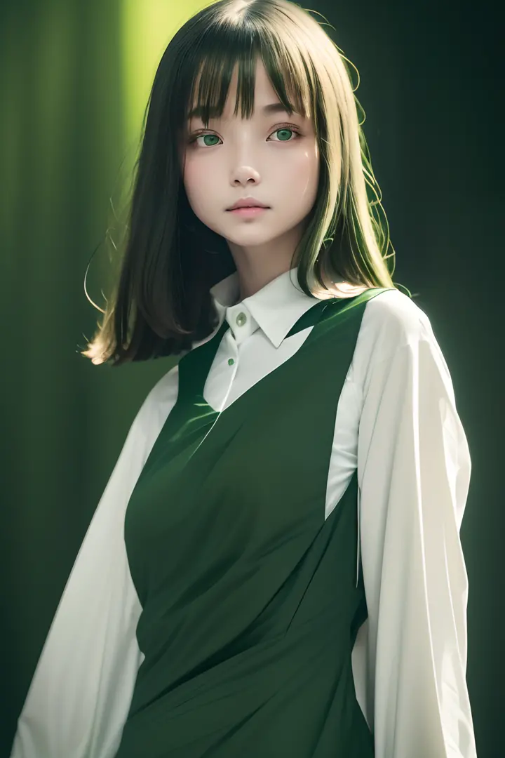 Best Quality, masutepiece, High resolution, (((1girl in))), sixteen years old,((Dark Green Block Dress,White Shirt Inner:1.3)), ...
