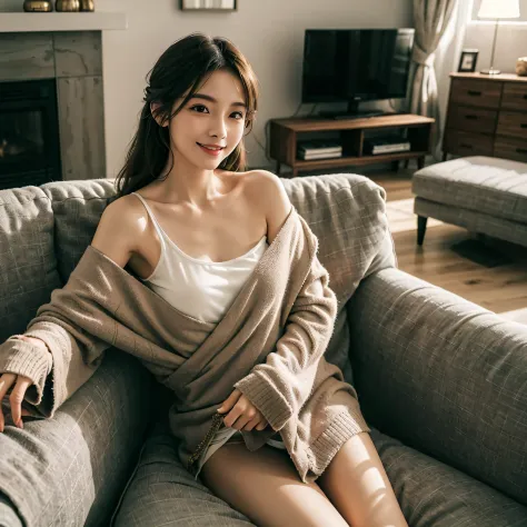 A girlfriend，Draped with hair， loose home wear，Sitting on the living room sofa，The house is small fresh design style，The lights are warm，Simple，Fashionab，extreme detail，Very detailed，realisticlying, comfort and lovely welcoming smile,