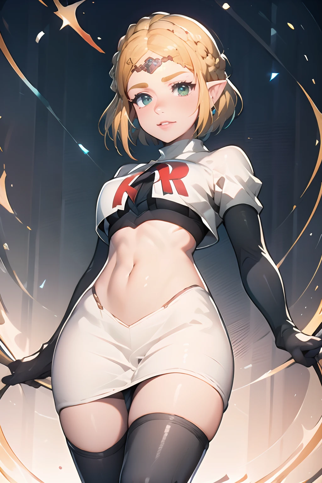 (best quality,4k,8k,highres,masterpiece:1.2),ultra-detailed,realistic, HDR, UHD, professional, vivid colors, bokeh, portraits, ZeldaTOTK, team rocket, team rocket uniform, red letter R, white skirt, white crop top, black thigh-highs, black elbow gloves, sinister villainess look, looking down on viewer