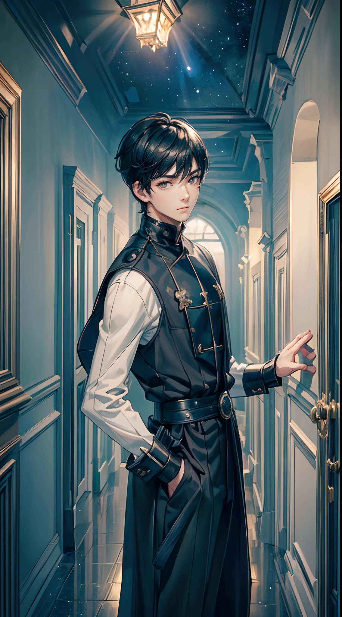 ((4K works))、​masterpiece、(top-quality)、One Beautiful Boy、Slim body、tall、((Attractive British style))、(Detailed beautiful eyes)、In the English corridor、Castle inhabited by villains、Black shop window、Corridor at night、((You can see the starry sky from the window))、((dark sky))、((English corridors))、((Shot in a corridor in England))、mid night、((Short-haired black hair))、((Smaller face))、((Neutral face))、((White eyes))、((American adult male))、((Adult male 2))、((Cool Men))、((Like a celebrity))、((Gentle look))、((Korean Makeup))、((elongated and sharp eyes))、((Happy dating))、((boyish))、((Upper body photography))、Professional Photos、((Shot alone))、((Shot from diagonally in front))、((Shot in close proximity to him))、((Focus zoom in))、((He is standing in the hallway))