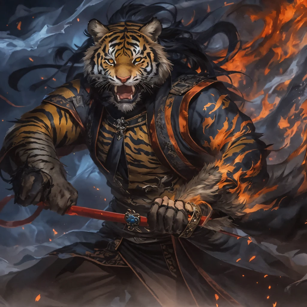 Night Tiger Demon 32K，Phoenix Immortal Demon Realm, Chance encounter with Liu Hanshu, He saw in him his former self, It was decided to take him as an apprentice, Teach him how to protect himself, But because of the Tibetan star map, Phoenix and the Liu family、The Jade Sword Sect establishes relationships, It opens with the death of Liu Hanshu, Qin Yu embarked on the road of confrontation with a strong enemy, Working hard, Make yourself stronger, Stick to your own core path of justice, （Tiger demon）eyes filled with angry，The monitor lizard clenched its fists，Rush up，Deliver a fatal blow to your opponent，full bodyesbian，Full body Night Tiger Demon Male Mage 32K（Masterpiece Canyon Ultra HD）Night Tiger Demon（canyons）Climb the streets， The scene of the explosion（canyons）， （Night）， The angry fighting stance of the Night Tiger Demon， looking at the ground， Batik linen bandana， Chinese python pattern long-sleeved garment， canyons（Abstract propylene splash：1.2）， Dark clouds lightning background，Flour flies（realisticlying：1.4），Black color hair，Flour fluttering，rainbow background， A high resolution， the detail， RAW photogr， Sharp Re， Nikon D850 Film Stock Photo by Jefferies Lee 4 Kodak Portra 400 Camera F1.6 shots, Rich colors, ultra-realistic vivid textures, Dramatic lighting, Unreal Engine Art Station Trend, cinestir 800，Flowing black hair,（（（Jungle Canyon）））The wounded lined up in the streets（vale）Climb the streetovie master real-time image quality（tmasterpiece，k hd，hyper HD，32K）Night Tiger Demon（Linen batik scarf）， Combat posture， looking at the ground， Linen bandana， Chinese night tiger demon pattern long-sleeved clothing，Night Tiger Demon（Abstract gouache splash：1.2）， Dark clouds lightning background，sprinkling