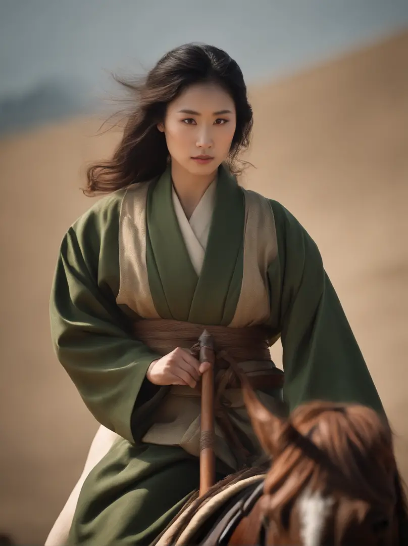 Top image quality、Beautuful Women、Japanese ido、Military general、green kimono、The jacket is fluttering、Holding a spear、Straddling a horse、Brown horse、Best Quality、Soaring sand smoke