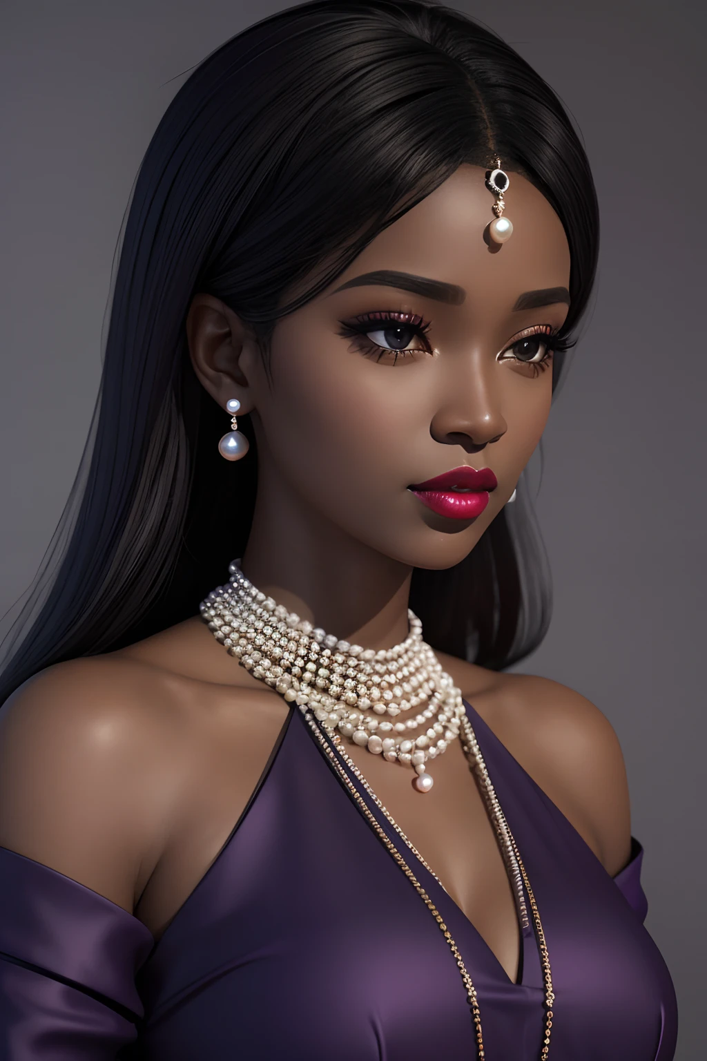 3D, Close up of a ebony beautiful girl in her 20s with pearl accessories, black and purple outfit, red lipstick, black hair, face close up, soft light, realistic