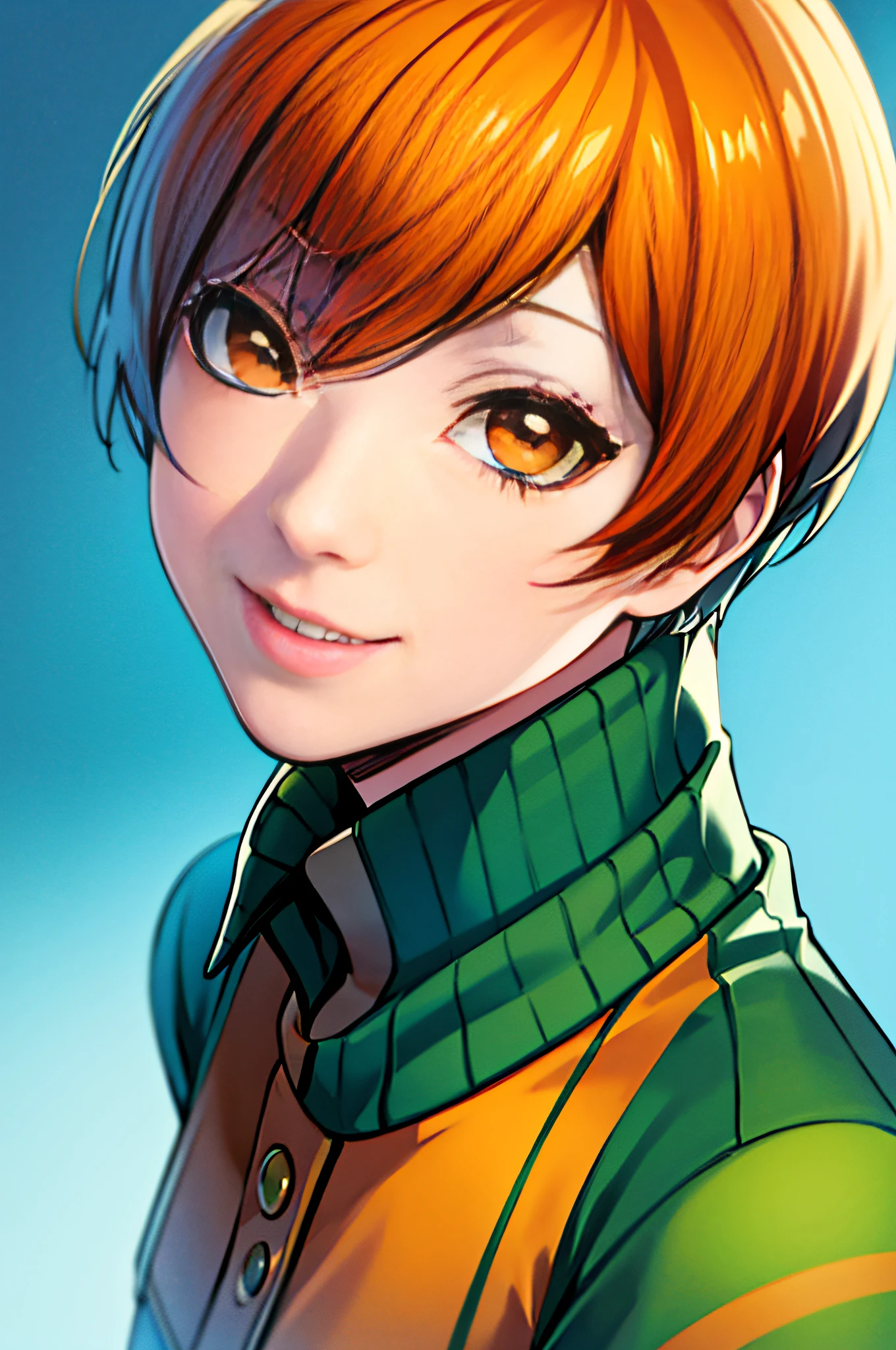 Best Quality,Ultra-detailed,realistic portrait, bright colours, intense lighting, Chie Satonaka (Person 4), beautiful detail eyes, expressive facial features, Adorable smile, dynamicpose, Bright orange hair, Stylish School Uniform