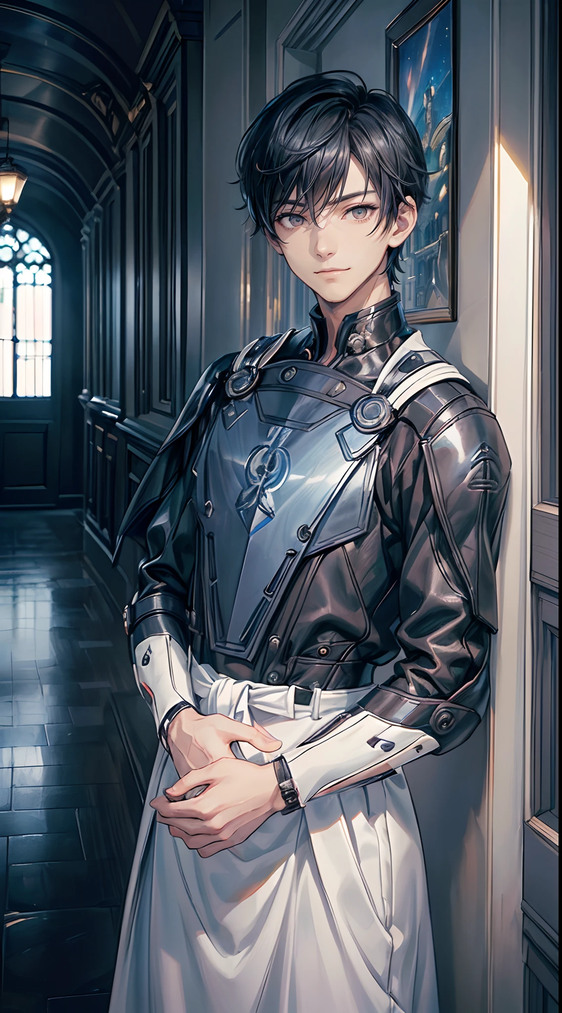 ((4K works))、​masterpiece、(top-quality)、One Beautiful Boy、Slim body、tall、((Attractive British style))、(Detailed beautiful eyes)、In the English corridor、Castle inhabited by villains、Black shop window、Corridor at night、((You can see the starry sky from the window))、((dark sky))、((English corridors))、((Shot in a corridor in England))、mid night、((Short-haired black hair))、((Smaller face))、((Wild face))、((White eyes))、((American adult male))、((Adult male 26 years old))、((Cool Men))、((Like a celebrity))、((Smiling expression))、((Korean Makeup))、((elongated and sharp eyes))、((Happy dating))、((boyish))、((Upper body photography))、Professional Photos、((Shot alone))、((Shot from diagonally in front))、((Shot in close proximity to him))、((Focus zoom in))、((He is standing in the hallway))