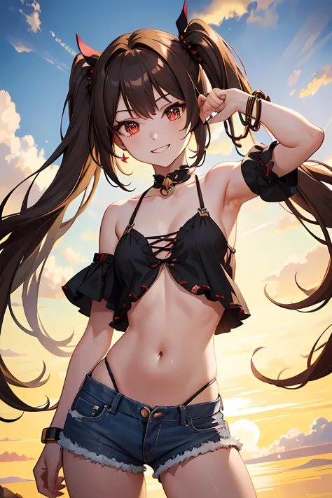 a beautiful anime girl, with light brown hair, twin tails, very long hair, blood ref eyes, star shape pupils, jewelry, bracelet, alternate costume, cutoffs, grin, standing, stomach, denim shorts, cowboy shot, looking a viewer, collarbone, black nails, midr...