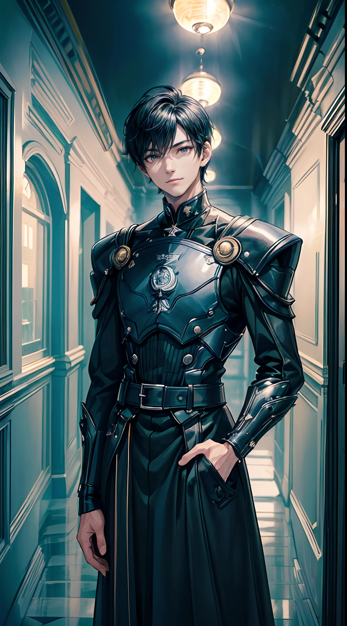 ((4K works))、​masterpiece、(top-quality)、One Beautiful Boy、Slim body、tall、((Attractive British style))、(Detailed beautiful eyes)、((mid night))、In the English corridor、Castle inhabited by villains、Black shop window、Corridor at night、((You can see the starry sky from the window))、((dark sky))、((English corridors))、((Shot in a corridor in England))、mid night、((Short-haired black hair))、((Smaller face))、((Wild face))、((White eyes))、((American adult male))、((Adult male 26 years old))、((Cool Men))、((Like a celebrity))、((Smiling expression))、((Korean Makeup))、((elongated and sharp eyes))、((Happy dating))、((boyish))、((Upper body photography))、Professional Photos、((Shot alone))、((Shot from diagonally in front))、((Shot in close proximity to him))、((Focus zoom in))、((He is standing in the hallway))