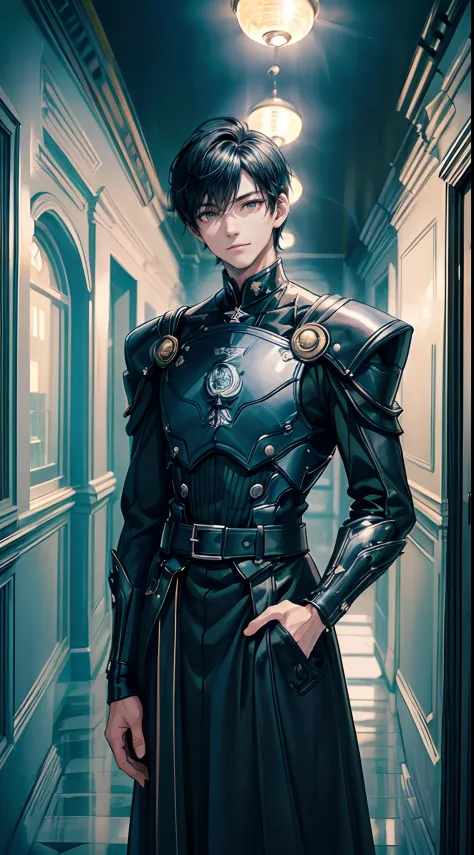 ((4K works))、​masterpiece、(top-quality)、One Beautiful Boy、Slim body、tall、((Attractive British style))、(Detailed beautiful eyes)、((mid night))、In the English corridor、Castle inhabited by villains、Black shop window、Corridor at night、((You can see the starry ...