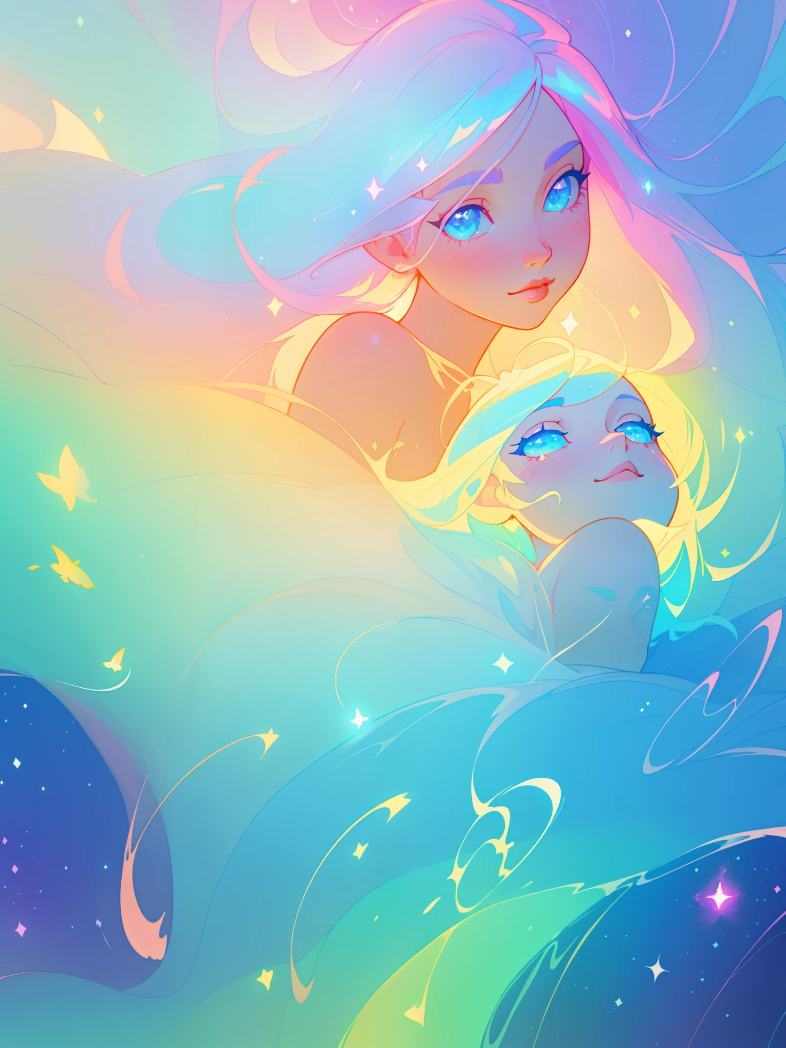 beautiful girl, flowing liquid dress, colorful flowing long hair, vibrant pastel colors, (colorful), magical lights, sparkling magical liquid, inspired by Glen Keane, inspired by Lois van Baarle, disney art style, by Lois van Baarle, glowing aura around her, by Glen Keane, jen bartel, glowing lights! digital painting, flowing glowing hair, glowing flowing hair, beautiful digital illustration, fantasia background, whimsical, magical, fantasy, ((beautiful face)), ((masterpiece, best quality)), intricate details, highly detailed, sharp focus, 8k resolution, sparkling detailed eyes, liquid watercolor