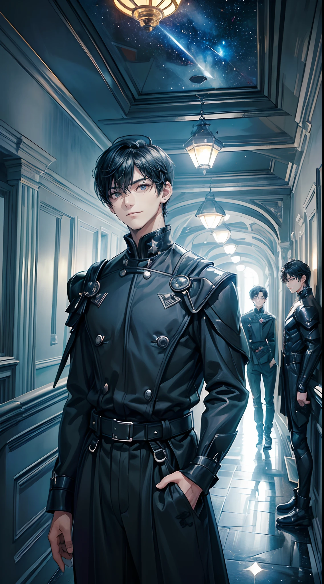 ((4K works))、​masterpiece、(top-quality)、One Beautiful Fallen Angel Boy、Slim body、tall、((Attractive British style))、(Detailed beautiful eyes)、((mid night))、In the English corridor、Castle inhabited by villains、Black shop window、Corridor at night、((You can see the starry sky from the window))、((dark sky))、((English corridors))、((Shot in a corridor in England))、mid night、((Short-haired black hair))、((Smaller face))、((Wild face))、((White eyes))、((American adult male))、((Adult male 26 years old))、((Cool Men))、((Like a celebrity))、((Smiling expression))、((Korean Makeup))、((elongated and sharp eyes))、((Happy dating))、((boyish))、((Upper body photography))、Professional Photos、((Shot alone))、((Shot from diagonally in front))、((Shot in close proximity to him))、((Focus zoom in))、((He is standing in the hallway))