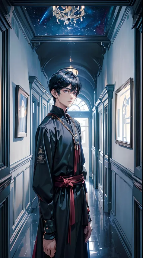 ((4K works))、​masterpiece、(top-quality)、One Beautiful Fallen Angel Boy、Slim body、tall、((Attractive British style))、(Detailed beautiful eyes)、((mid night))、In the English corridor、Castle inhabited by villains、Black shop window、Corridor at night、((You can se...