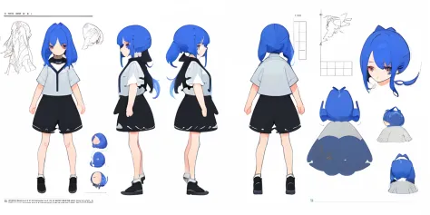 Character design sheet, same character, front, side, back), illustration, 1 girl, hair color, bangs, hairstyle fax, eyes, environment change, white background