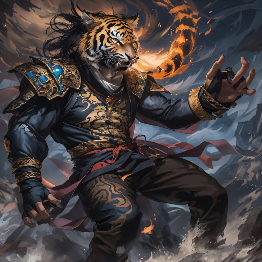 Night Tiger Demon 32K，Phoenix Immortal Demon Realm, Chance encounter with Liu Hanshu, He saw in him his former self, It was decided to take him as an apprentice, Teach him how to protect himself, But because of the Tibetan star map, Phoenix and the Liu family、The Jade Sword Sect establishes relationships, It opens with the death of Liu Hanshu, Qin Yu embarked on the road of confrontation with a strong enemy, Working hard, Make yourself stronger, Stick to your own core path of justice, （Tiger demon）eyes filled with angry，The monitor lizard clenched its fists，Rush up，Deliver a fatal blow to your opponent，full bodyesbian，Full body Night Tiger Demon Male Mage 32K（Masterpiece Canyon Ultra HD）Night Tiger Demon（canyons）Climb the streets， The scene of the explosion（canyons）， （Night）， The angry fighting stance of the Night Tiger Demon， looking at the ground， Batik linen bandana， Chinese python pattern long-sleeved garment， canyons（Abstract propylene splash：1.2）， Dark clouds lightning background，Flour flies（realisticlying：1.4），Black color hair，Flour fluttering，rainbow background， A high resolution， the detail， RAW photogr， Sharp Re， Nikon D850 Film Stock Photo by Jefferies Lee 4 Kodak Portra 400 Camera F1.6 shots, Rich colors, ultra-realistic vivid textures, Dramatic lighting, Unreal Engine Art Station Trend, cinestir 800，Flowing black hair,（（（Jungle Canyon）））The wounded lined up in the streets（vale）Climb the streets，Movie master real-time image quality（tmasterpiece，k hd，hyper HD，32K）Night Tiger Demon（Linen batik scarf）， Combat posture， looking at the ground， Linen bandana， Chinese night tiger demon pattern long-sleeved clothing，Night Tiger Demon（Abstract gouache splash：1.2）， Dark clouds lightning background，sprinkling