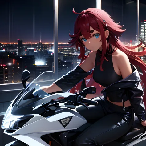 1girl in, Brown skin, Red long hair, Cobalt blue eyes, wearing a black tank top, Wearing black_Green Leather Jacket, Black leather pants, Sitting on a white motorcycle, At night, Black leather boots, City Street, Rain-soaked ground, Fall, Night time, Neon ...
