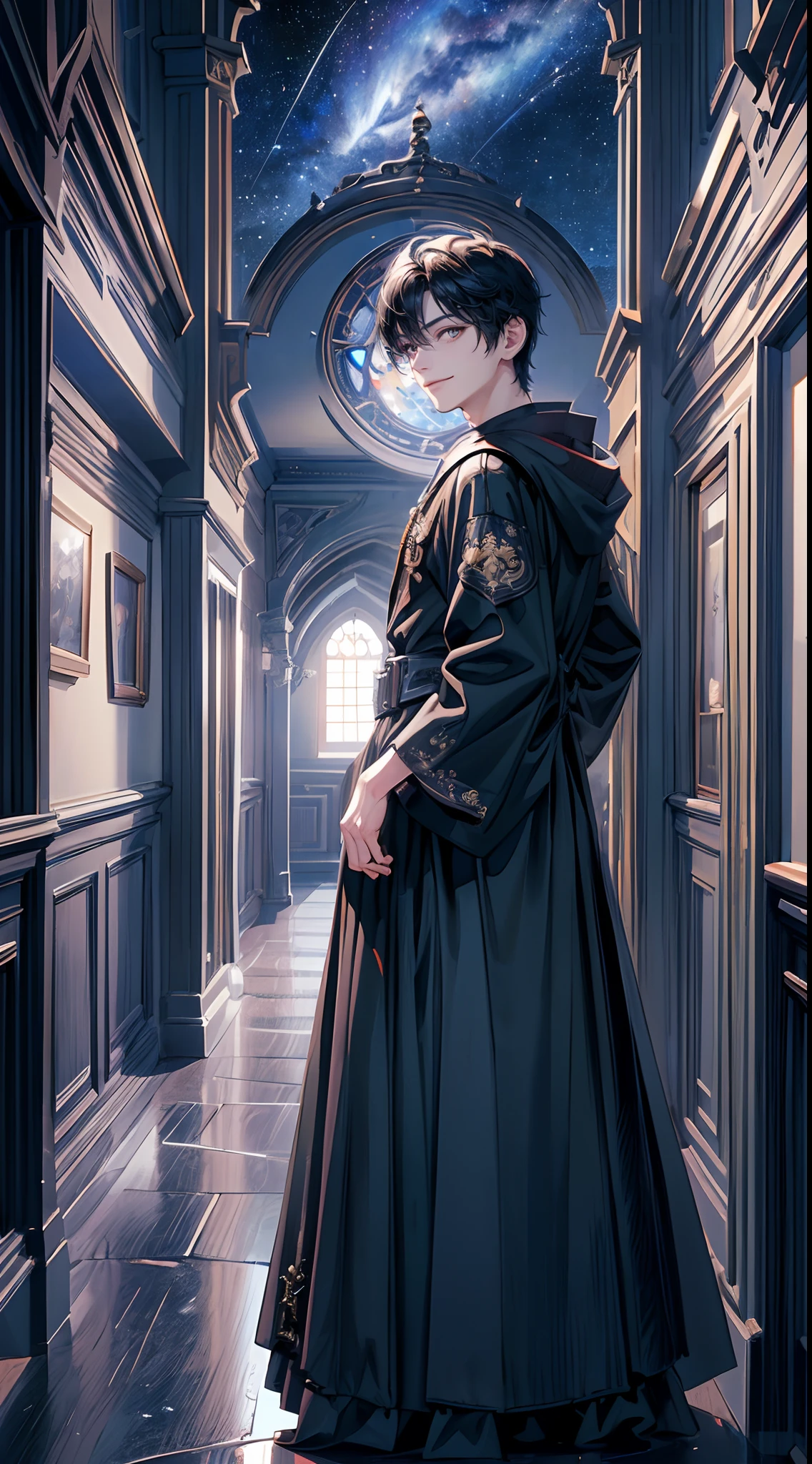 ((4K works))、​masterpiece、(top-quality)、One Beautiful Fallen Angel Boy、Slim body、tall、((Attractive British style))、(Detailed beautiful eyes)、((mid night))、In the English corridor、Castle inhabited by villains、Black shop window、Corridor at night、((You can see the starry sky from the window))、((dark sky))、((English corridors))、((Shot in a corridor in England))、mid night、((Short-haired black hair))、((Smaller face))、((Wild face))、((White eyes))、((American adult male))、((Adult male 26 years old))、((Cool Men))、((Like a celebrity))、((Smiling expression))、((Korean Makeup))、((elongated and sharp eyes))、((Happy dating))、((boyish))、((Upper body photography))、Professional Photos、((Shot alone))、((Shot from diagonally in front))、((Shot in close proximity to him))、((Focus zoom in))、((He is standing in the hallway))