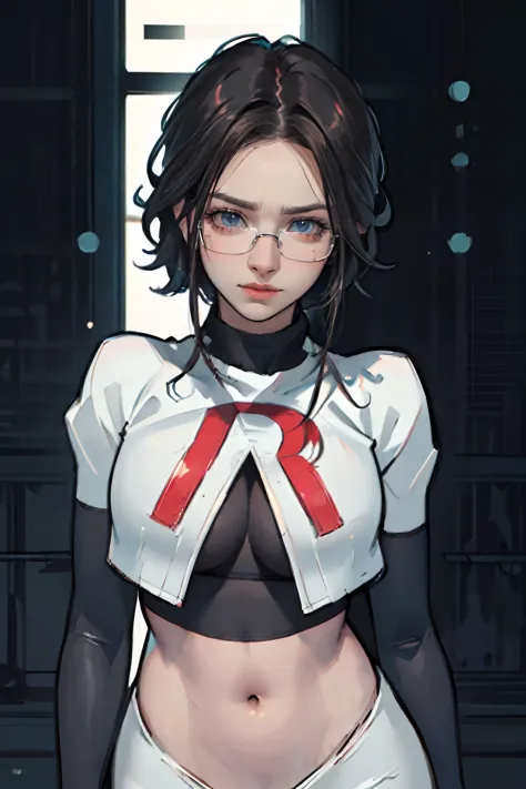 fennel_pk,glasses,team rocket,team rocket uniform,red letter R,white skirt,white crop top,black thigh-highs,black elbow gloves,sinister villianess aura,(best quality,4k,8k,highres,masterpiece:1.2),ultra-detailed,(realistic,photorealistic,photo-realistic:1....