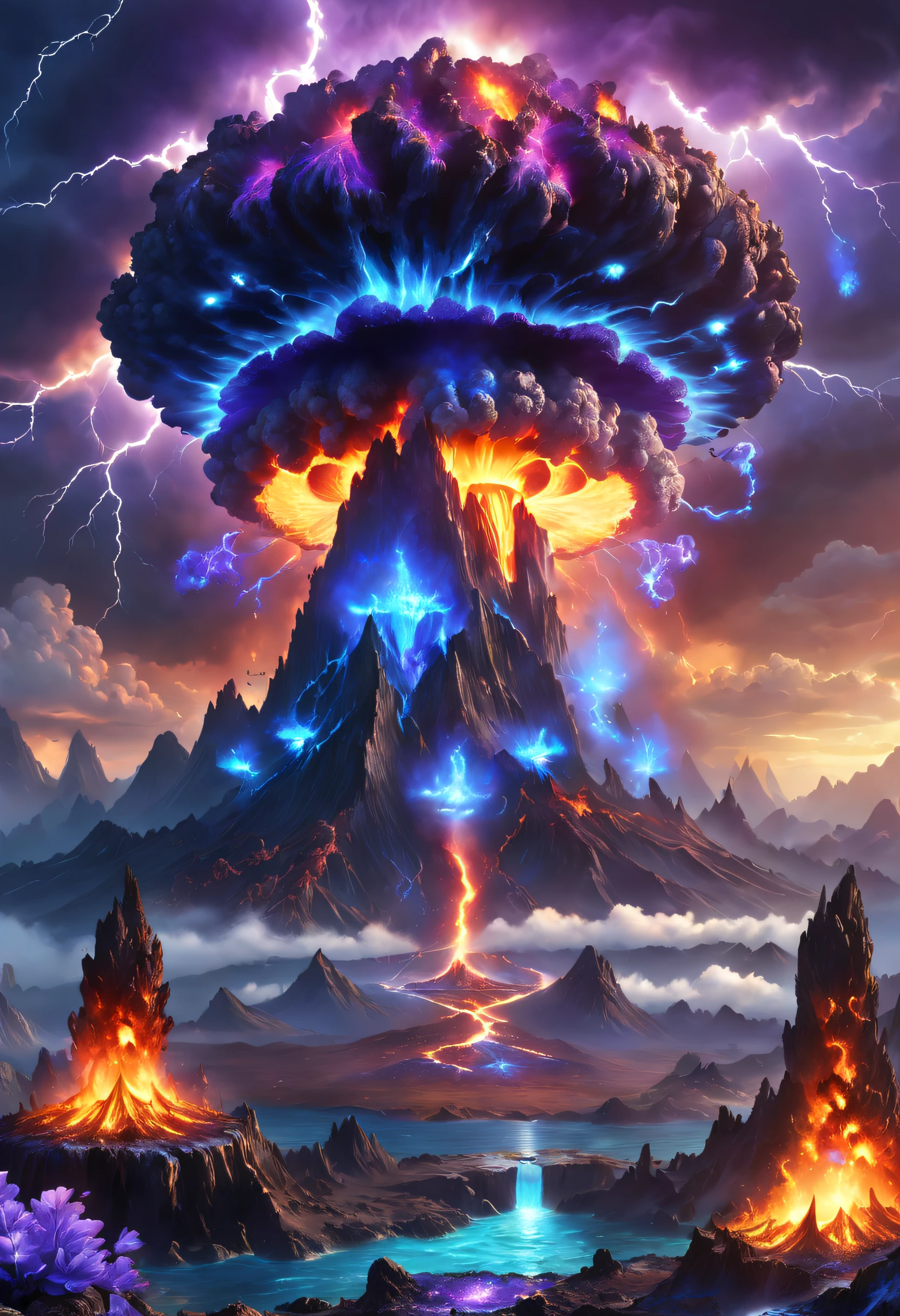 Vulkane，Feuer glühen，blastolten lava，dichter Rauch，Atomexplosion, Atompilz, Explosionsort，Kombinieren Sie es mit violetten und blauen Edelsteinen, Fantasie hochdetailliert, Mit wunderschönen magischen Blitzringen, Magie, schöne detaillierte Fantasie, extrem hohe Detailgenauigkeit, , magic Fantasie hochdetailliert, atemberaubende Fantasy-3D-Darstellung, Inspiriert von L. A, Hochdetaillierte Ästhetik, extrem hohe Detailgenauigkeit
