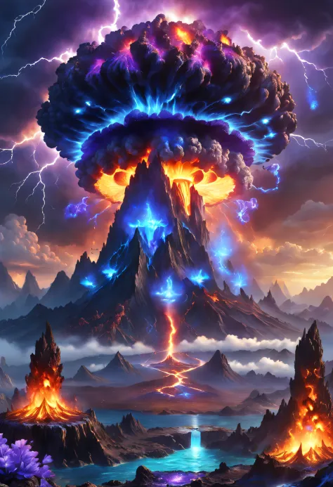 volcanoes，fire glow，blasts，molten lava，dense smoke，Nuclear explosion mushroom cloud explosion site，Pair with purple and blue gem...
