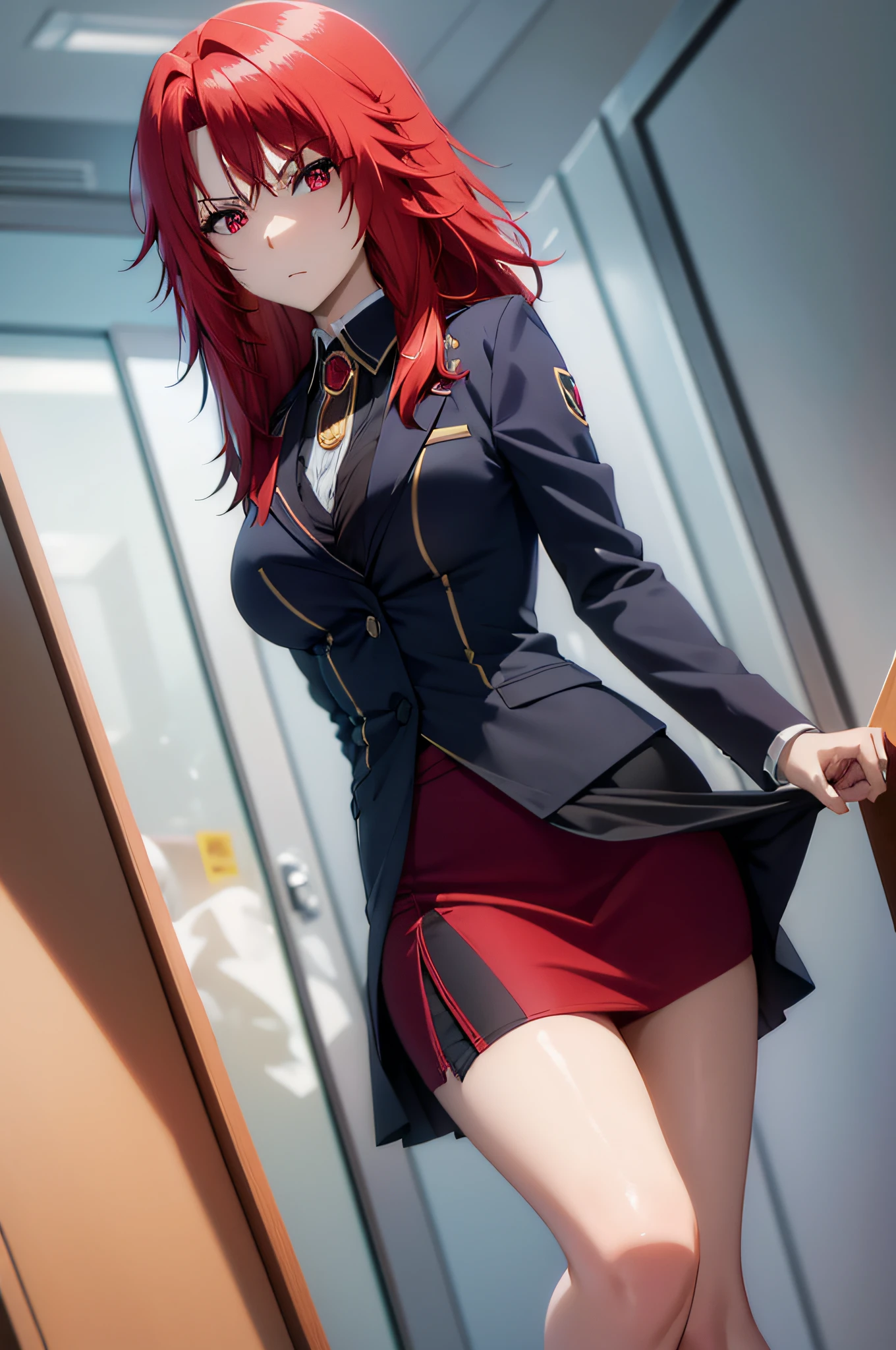 1girl, solo, medium hair, looking at viewer, bangs, hair between eyes, medium breasts, ahoge, red hair,red eyes, cyan eyes, formal, suit, jewelry, mole, necklace, pencil skirt, skirt, vera_rustamova