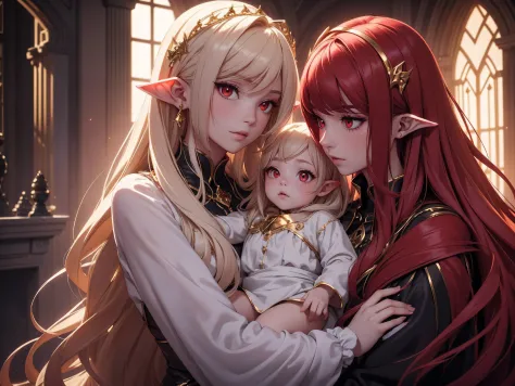 masterpiece, ultra detailed cute artwork of a vampire family with long gold hair and red eyes holding daughter, ethereal, pointy...