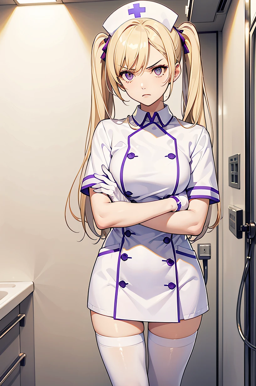 1girl, solo, nurse, nurse cap, white wear, ((white legwear, zettai ryouiki)), white gloves, twintails, yellow hair, purple eyes, angry, crossed arms, standing, ((hospital room)), sharp outline, short sleeves, best quality, masterpiece