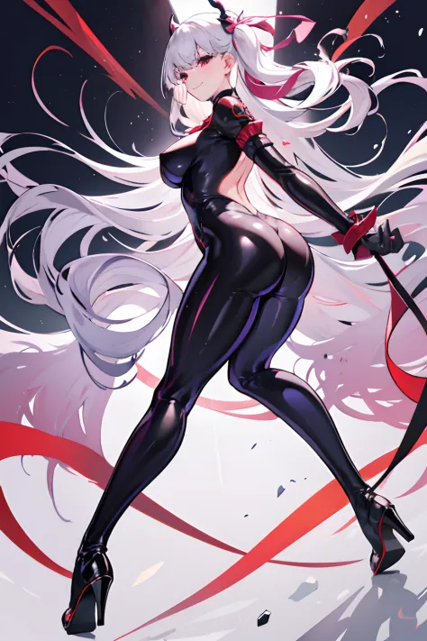 Carefully draw the face　High-quality faces in anime style　Shiny black full body suit　Black High Heels　Red lines all over the body　a blond　huge tit　Big ass　Whip thighs　seductiv　a smile　succubus　Rear view