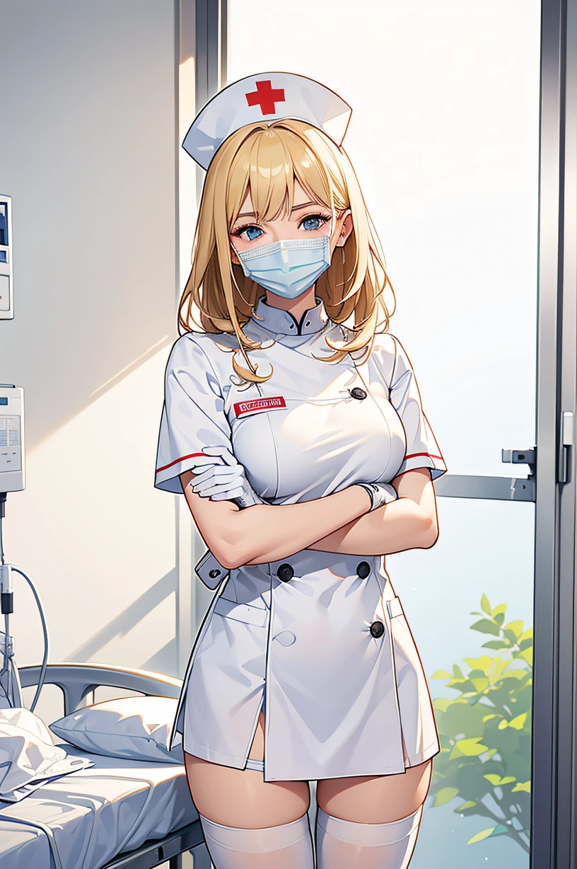 1woman, solo, nurse, nurse cap, white wear, ((white legwear, zettai ryouiki)), white gloves, blonde hair, blue eyes, ((white surgical mask, covered nose)), standing, ((hospital room)), sharp outline, short sleeves, mature female, 35 years old, best quality, masterpiece