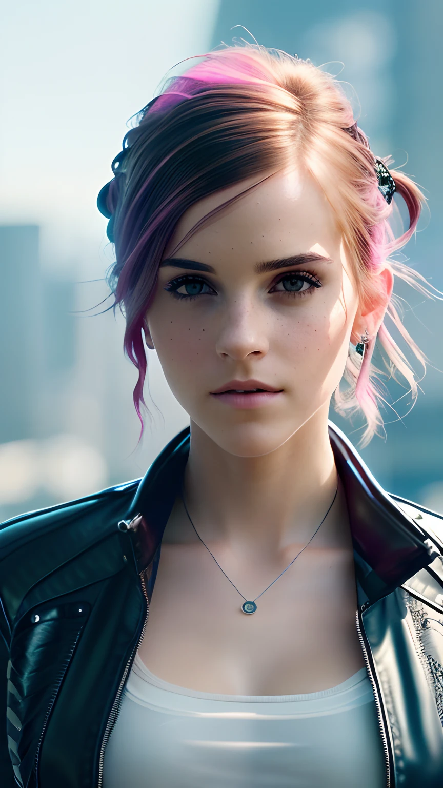 Emma Watson (roh, analog, Nikon Z 14mm ultra-wide-angle lens, award-winning glamour Fotografie, ((beste Qualität)), ((Meisterwerk)), ((realistisch)), Hautporen, Untergrundstreuung, strahlende Lichtstrahlen, hohe Auflösung, detaillierte Gesichtszüge, Hohe Detailliertheit, scharfer Fokus, glatt, ästhetisch, Extrem detailliert, (Extrem detailliert eyes, Extrem detailliert iris), Extrem detailliert hair,  Extrem detailliert leather, Extrem detailliert clothing, Oktan-Rendering, photorealistisch, realistisch, Nachbearbeitung, Maximale Detailliertheit, realistisch Schatten, Rauheit, natürliche Hautstruktur, wahres Leben, ultra-realistisch, photoRealismus, Fotografie, 8k UHD, Fotografie, HDR, kompliziert, elegant, Hohe Detailliertheit, scharfer Fokus, atemberaubend, Schön, wunderschön), realistisch, Meisterwerk, höchste Qualität, 1 Mädchen, Kurzes Haar, Zöpfe, nackter Oberkörper, (pinkes Haar), (Rahmen des Lichts), riesige Brüste, ((Cyberpunk-Kleidung, futuristisch, transparente PVC-Ummantelung, cyberpunk setting, filmisch, auf Lager: 1.1)), ((Schauen Sie sich den Betrachter an)), Komplex, Hohe Detailliertheit, Theater, Realismus, Schön and detailed lighting, Schatten, (hohe Hautdetails: 1.2), 8k UHD, DSLR, sanfte Beleuchtung, gute Qualität, Filmkorn, Fujifilm XT3, Oberkörper, Rucksack, Grinsen, Ohrring, 8k,  hr, HDR, photorealistisch, scharfer Fokus, Jean Paul Gaultier and Jules Bastien-Lepage, Stella McCartney und Mark Keatley