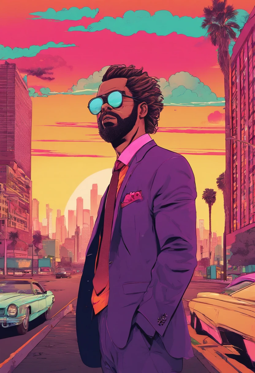 黒い髪を横にとかした男性の画像, メガネとひげ, エレガントなスーツでネクタイなし, 背景には街