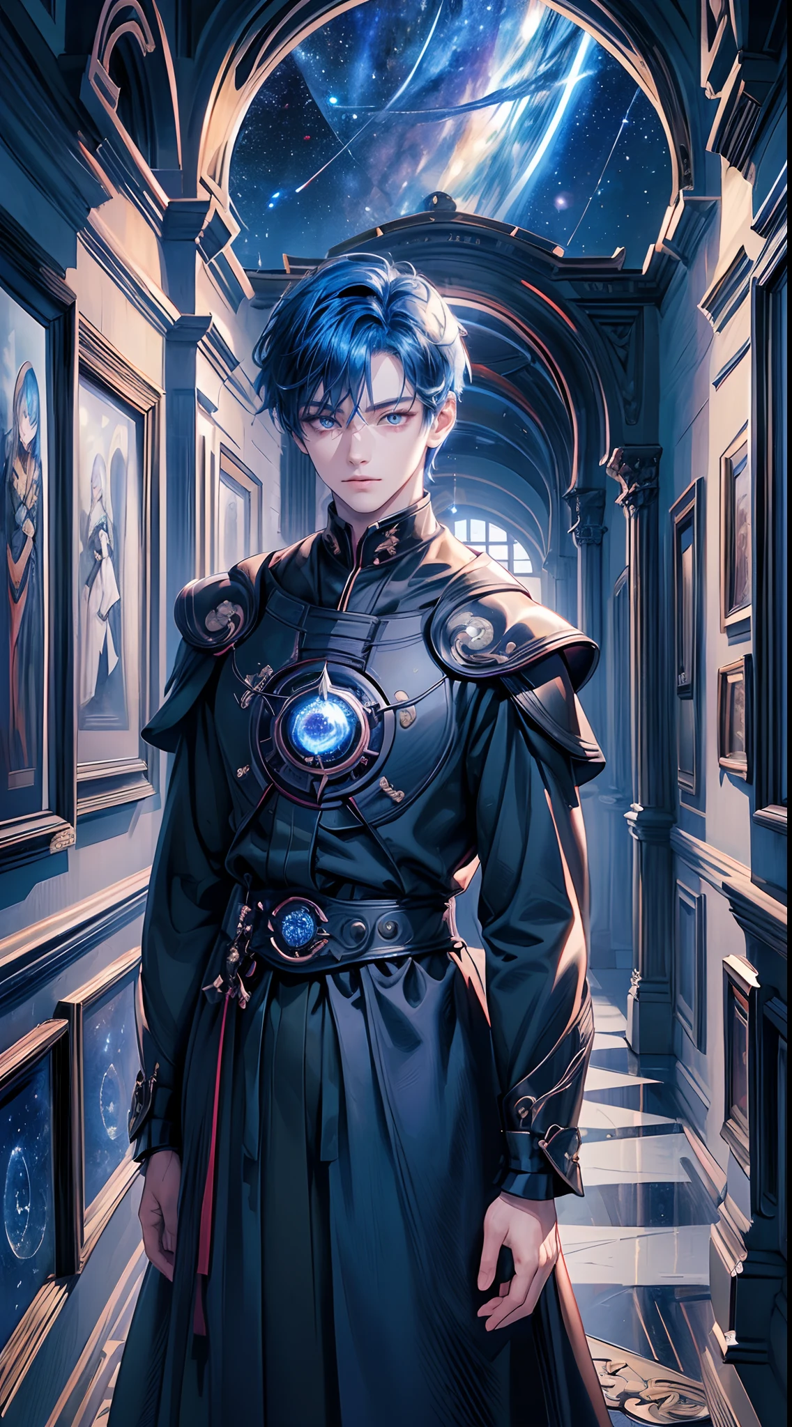 ((4K works))、​masterpiece、(top-quality)、One Beautiful Fallen Angel Boy、Slim body、tall、((Attractive British style))、(Detailed beautiful eyes)、((mid night))、In the English corridor、Castle inhabited by villains、Black shop window、Corridor at night、((You can see the starry sky from the window))、((dark sky))、((English corridors))、((Shot in a corridor in England))、mid night、((Short-haired bright blue hair))、((Smaller face))、((Wild face))、((White eyes))、((American adult male))、((Adult male 26 years old))、((Cool Men))、((Like a celebrity))、((kindly smile))、((Korean Makeup))、((elongated and sharp eyes))、((Happy dating))、((boyish))、((Upper body photography))、Professional Photos、((Shot alone))、((Shot from diagonally in front))、((Shot in close proximity to him))、((Focus zoom in))、((He is standing in the hallway))