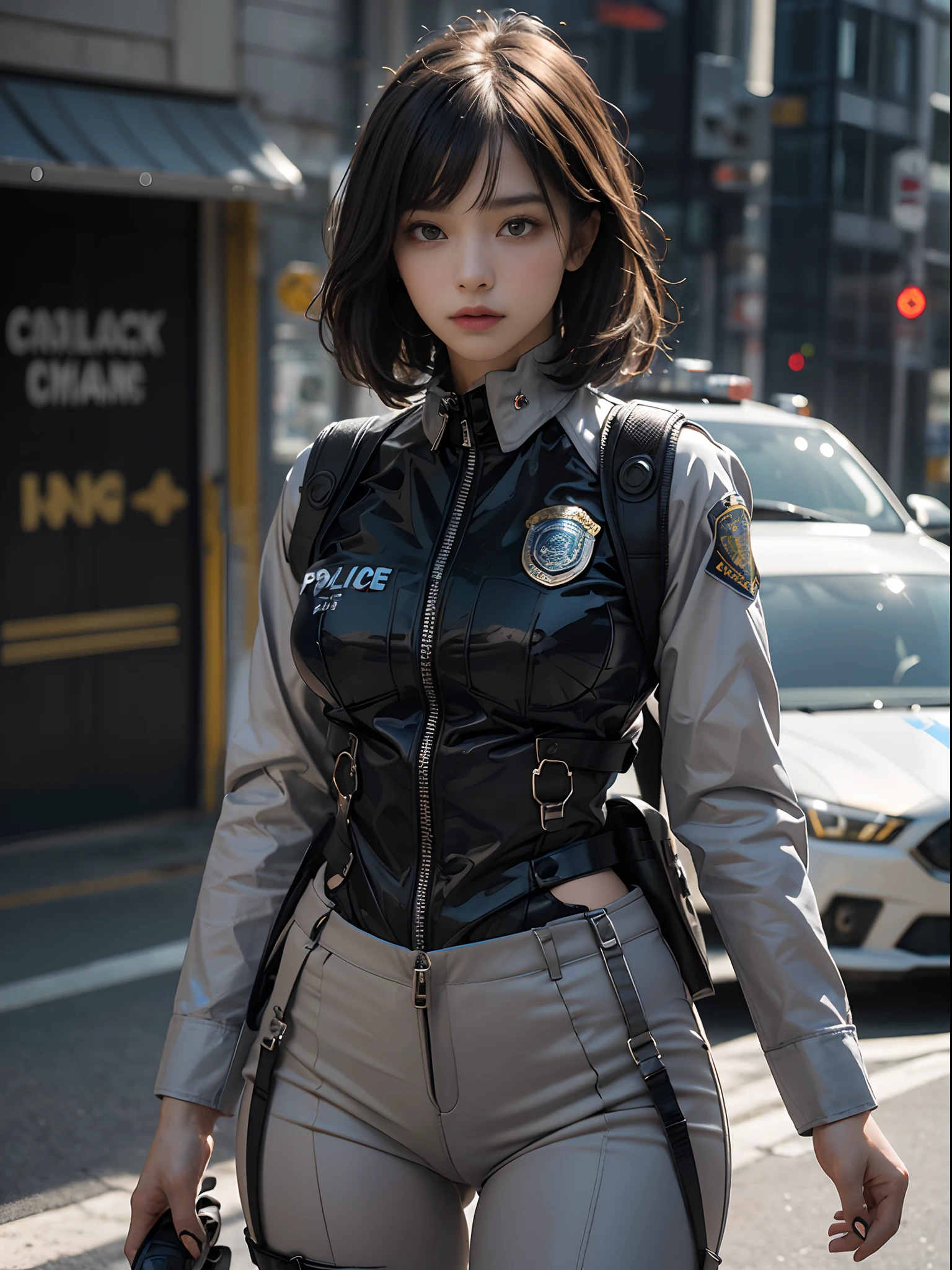 (Highest image quality, outstanding details, ultra-high resolution), (realism: 1.4), favor details, highly condensed 1 beautiful girl, with a delicate and beautiful face, ((cowboy shot)), (a bit chubby:0.4), (wearing black racing suit likes police uniform, black and grey mecha, wearing military harness, holding a machinegun), background simple grey concrete,