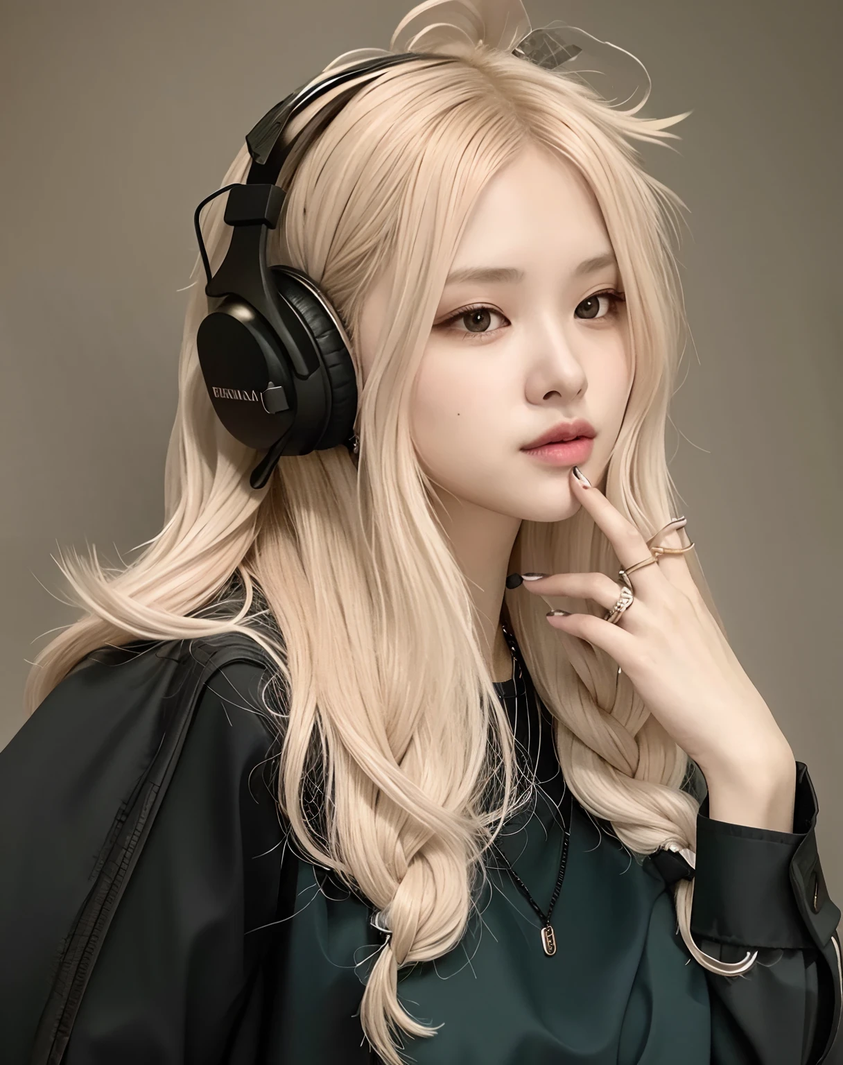 A woman with long blonde hair wearing headphones and a black top - SeaArt AI