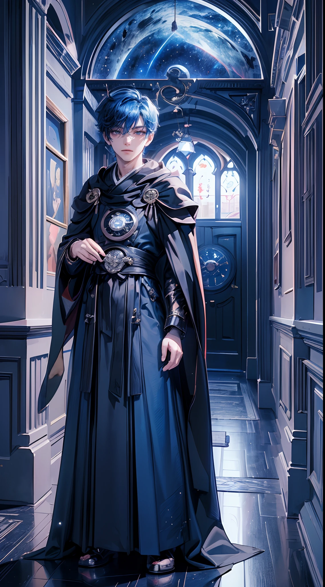 ((4K works))、​masterpiece、(top-quality)、One Beautiful Fallen Angel Boy、Slim body、tall、((Attractive British style))、(Detailed beautiful eyes)、((mid night))、In the English corridor、Castle inhabited by villains、Black shop window、Corridor at night、((You can see the starry sky from the window))、((dark sky))、((English corridors))、((Shot in a corridor in England))、mid night、((Short-haired bright blue hair))、((Smaller face))、((White eyes))、((American adult male))、((Adult male 26 years old))、((Cool Men))、((Like a celebrity))、((Show your teeth and smile))、((Korean Makeup))、((elongated and sharp eyes))、((Happy dating))、((boyish))、((Upper body photography))、Professional Photos、((Shot alone))、((Shot from diagonally in front))、((Shot in close proximity to him))、((Focus zoom in))、((He is standing in the hallway))、Viewers are lost