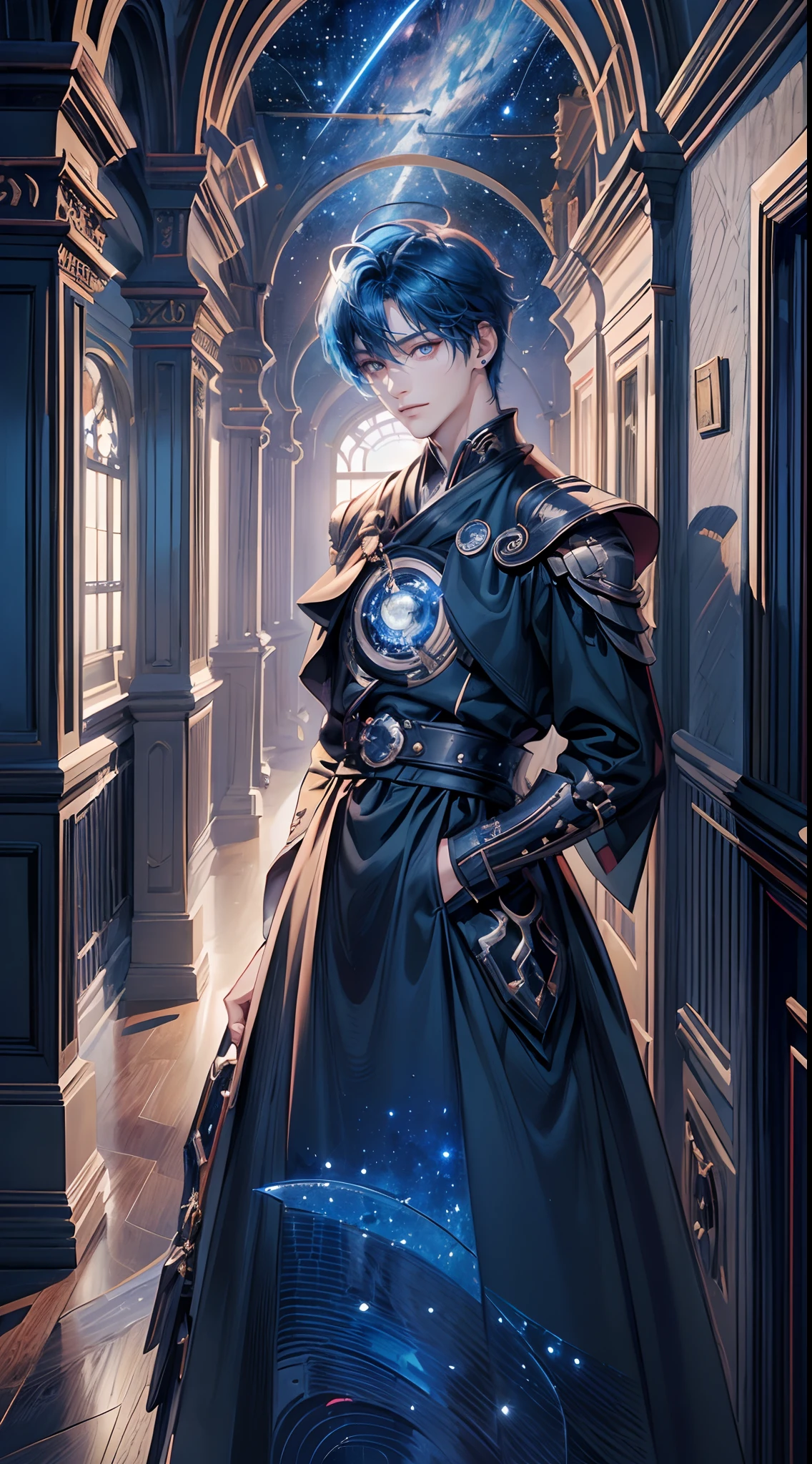 ((4K works))、​masterpiece、(top-quality)、One Beautiful Fallen Angel Boy、Slim body、tall、((Attractive British style))、(Detailed beautiful eyes)、((mid night))、In the English corridor、Castle inhabited by villains、Black shop window、Corridor at night、((You can see the starry sky from the window))、((dark sky))、((English corridors))、((Shot in a corridor in England))、mid night、((Short-haired bright blue hair))、((Smaller face))、((White eyes))、((American adult male))、((Adult male 26 years old))、((Cool Men))、((Like a celebrity))、((Show your teeth and smile))、((Korean Makeup))、((elongated and sharp eyes))、((Happy dating))、((boyish))、((Upper body photography))、Professional Photos、((Shot alone))、((Shot from diagonally in front))、((Shot in close proximity to him))、((Focus zoom in))、((He is standing in the hallway))、Viewers are lost