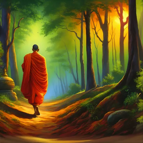 a painting of a monk walking down a path in a forest, on path to ...