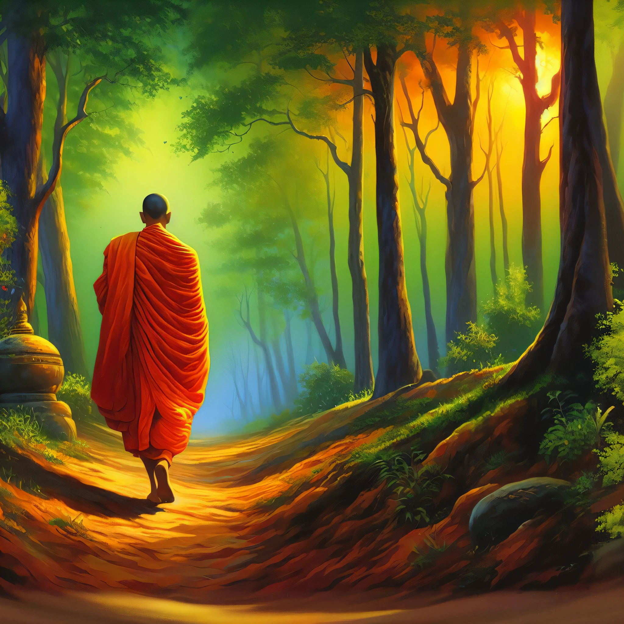 a painting of a monk walking down a path in a forest, on path to enlightenment, on the path to enlightenment, monk meditate, buddhist monk, buddhism, buddhist, monk, buddhist monk meditating, on forest path, enlightenment, 2 1 st century monk, spiritual enlightenment, an ancient path, portrait of monk, concept art of a monk, oil on canvas painting