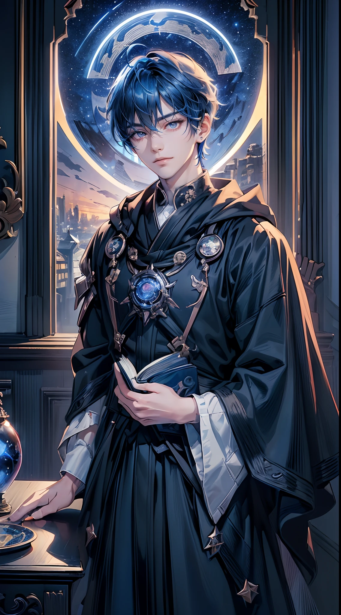 ((4K works))、​masterpiece、(top-quality)、One Beautiful Fallen Angel Boy、Slim body、tall、((Attractive British style))、(Detailed beautiful eyes)、((mid night))、In the UK room、Castle inhabited by villains、Black shop window、room at night、((You can see the starry sky from the window))、((dark sky))、((British Rooms))、((Shot in a room in the UK))、mid night、((Short-haired bright blue hair))、((Smaller face))、((White eyes))、((American adult male))、((Adult male 26 years old))、((Cool Men))、((Like a celebrity))、((Show your teeth and smile))、((Korean Makeup))、((elongated and sharp eyes))、((Happy dating))、((boyish))、((Upper body photography))、Professional Photos、((Shot alone))、((Shot from diagonally in front))、((Shot in close proximity to him))、((Focus zoom in))、((He is reading a book while standing in the corner of the room))