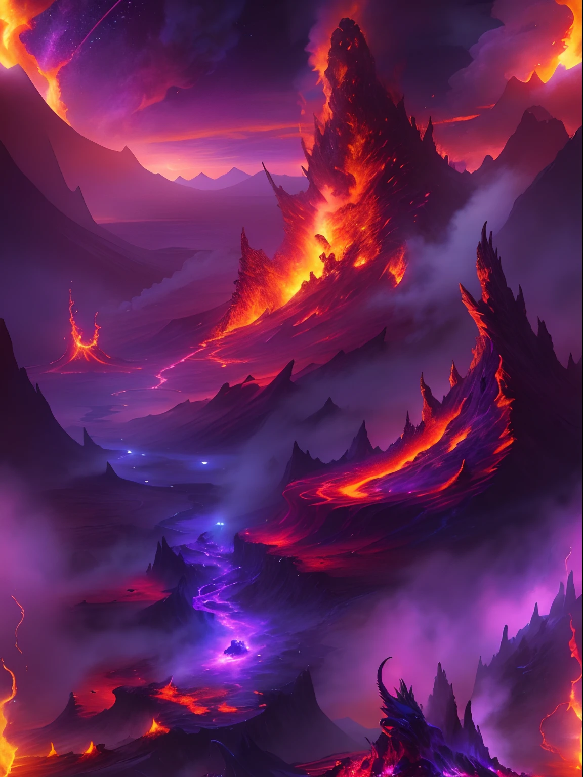 Doomsday landscape，a volcano erupts，Flame sputtering，blasts，molten lava，The phoenix emerged from the smoke，Liquid lava，Colorful phoenix，Paired with purple and blue, fantasy highly detailed, With gorgeous magic lightning rings, magia, beautiful detailed fantasy, hyper-high detail, , magic fantasy highly detailed, stuning fantasy 3 d render, Inspired by L. Highly detailed aesthetics, hyper-high detail