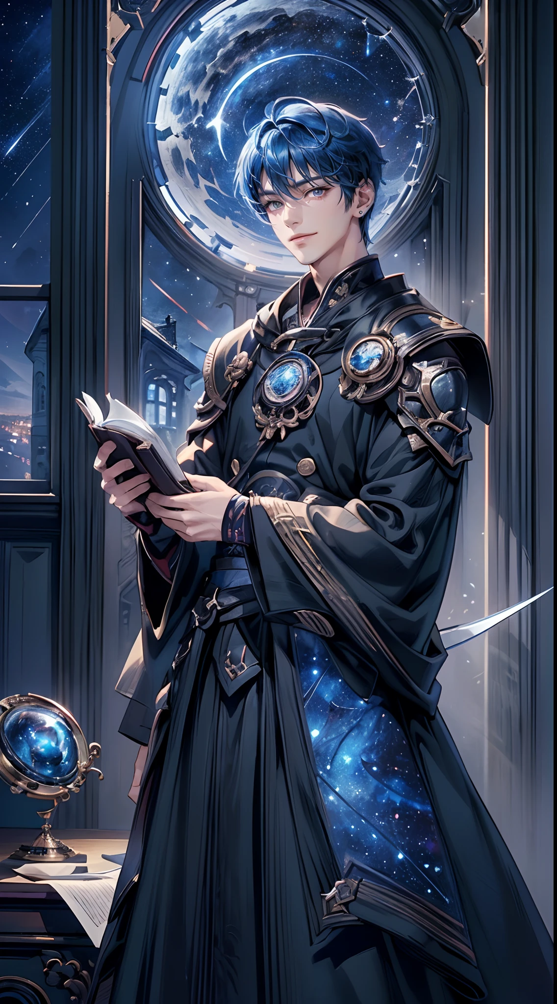 ((4K works))、​masterpiece、(top-quality)、One Beautiful Fallen Angel Boy、Slim body、tall、((Attractive British style))、(Detailed beautiful eyes)、((mid night))、In the UK room、Castle inhabited by villains、Black shop window、room at night、((You can see the starry sky from the window))、((dark sky))、((British Rooms))、((Shot in a room in the UK))、mid night、((Short-haired bright blue hair))、((Smaller face))、((White eyes))、((American adult male))、((Adult male 26 years old))、((Cool Men))、((Like a celebrity))、((Smile showing teeth and smiling))、((Korean Makeup))、((elongated and sharp eyes))、((Happy dating))、((boyish))、((Upper body photography))、Professional Photos、((Shot alone))、((Shot from diagonally in front))、((Shot in close proximity to him))、((Focus zoom in))、((He is reading a book while standing in the corner of the room))