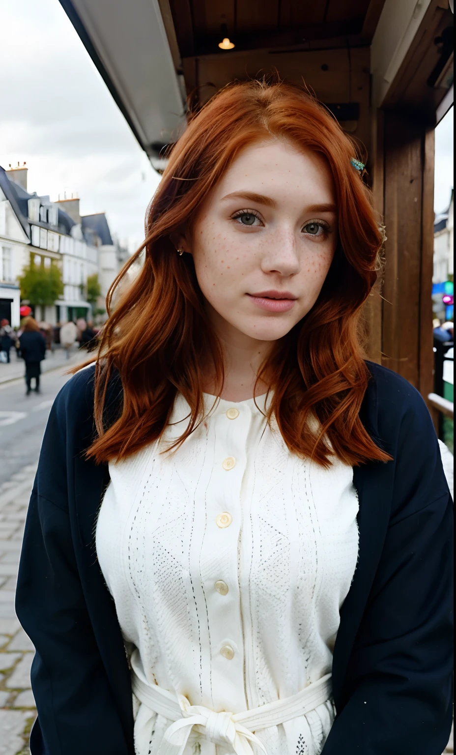 Arafed woman with red hair and a white shirt and black jacket - SeaArt AI