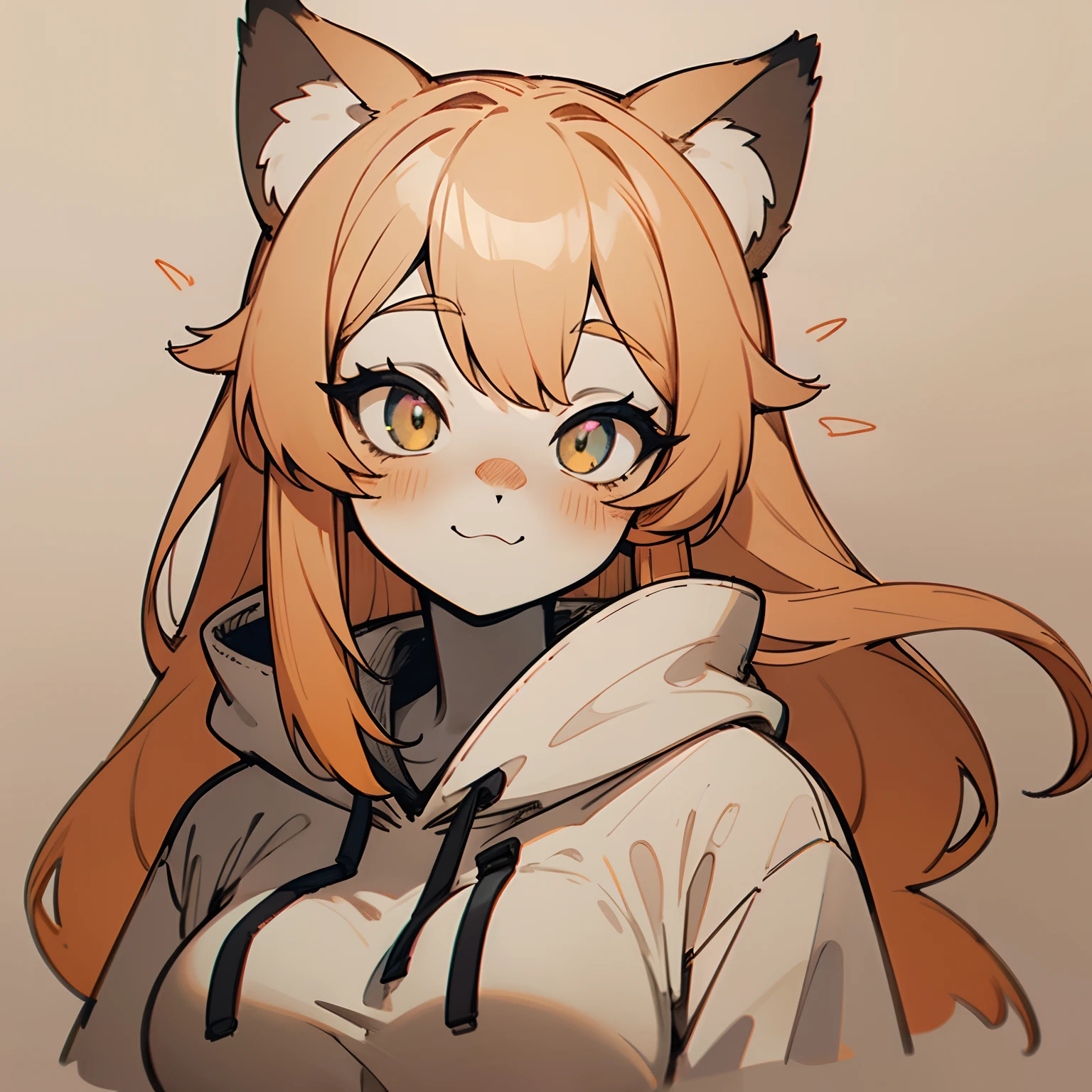 (muted colors, extremely pleasing to the eye color palette, aesthetic artistic pale pastel colors, semi-monochromatic:1.2) cute girl wearing baggy black hoodie, orange hair, big furry fox ears, fox girl, furry art, furry commission oc, aesthetic, happy, in love, blushing, ahegao, plain background, orange!!, thick lineart, simplistic art style, drawing commission, beautiful minimal details, medium , long straight hair